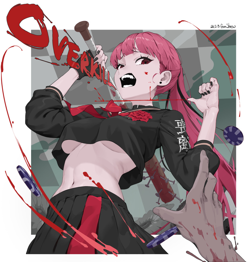 absurdres baseball_bat black_gloves black_nails black_skirt blood blood_splatter breasts cropped_shirt gloves gum_shrew highres holding holding_baseball_bat hololive hololive_english long_hair long_sleeves looking_at_viewer medium_breasts mori_calliope navel open_mouth pink_eyes pink_hair pleated_skirt ponytail school_uniform single_glove skirt underboob virtual_youtuber