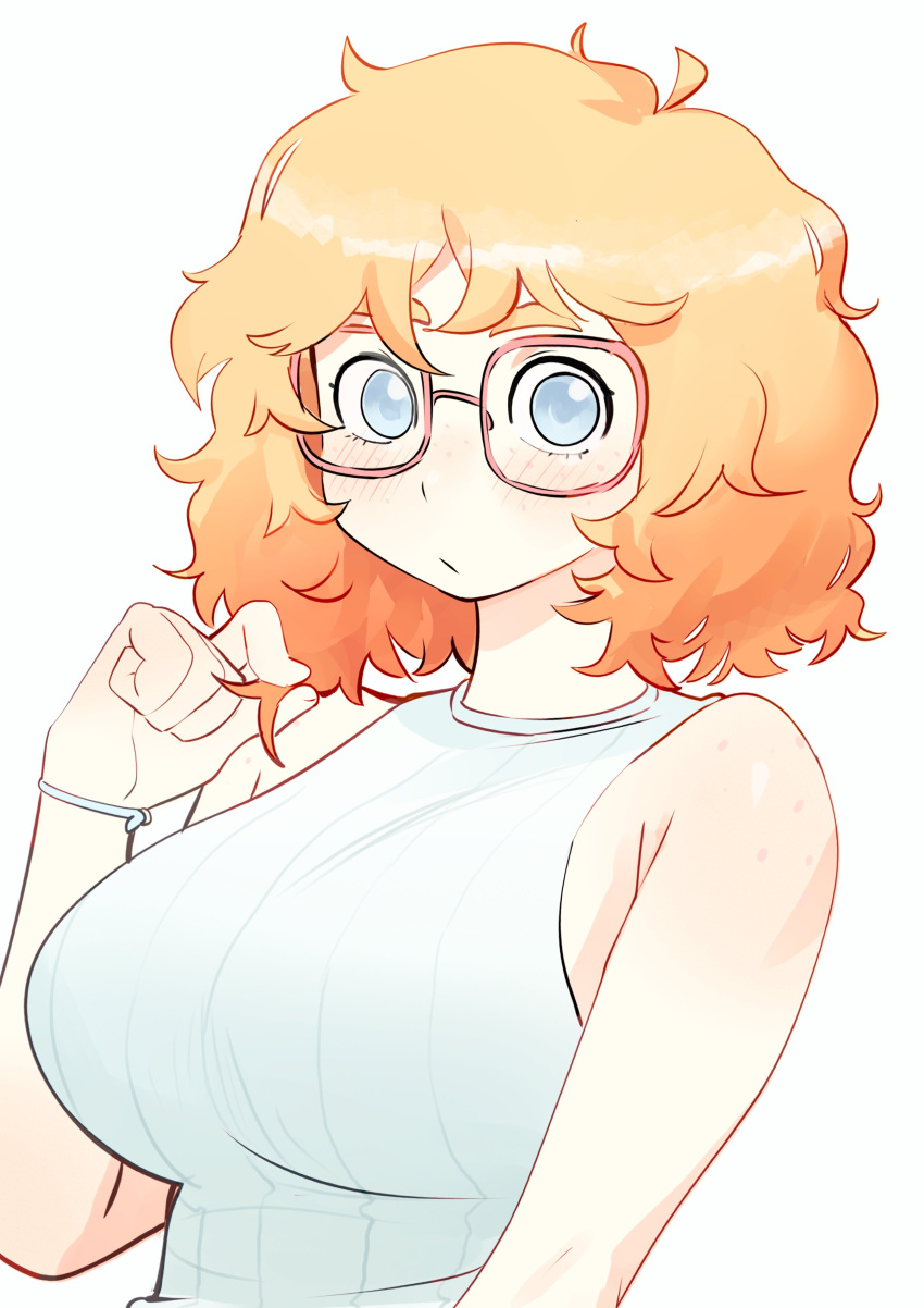 1girl :/ absurdres ahoge bare_shoulders blue_eyes blush body_freckles bracelet breasts closed_mouth colo_(nagrolaz) commentary english_commentary freckles glasses hand_up highres jewelry large_breasts medium_hair messy_hair orange_hair pink-framed_eyewear playing_with_own_hair ribbed_shirt rita_(sweethex) shirt simple_background sleeveless sleeveless_shirt solo sweethex thick_eyebrows upper_body white_background white_shirt