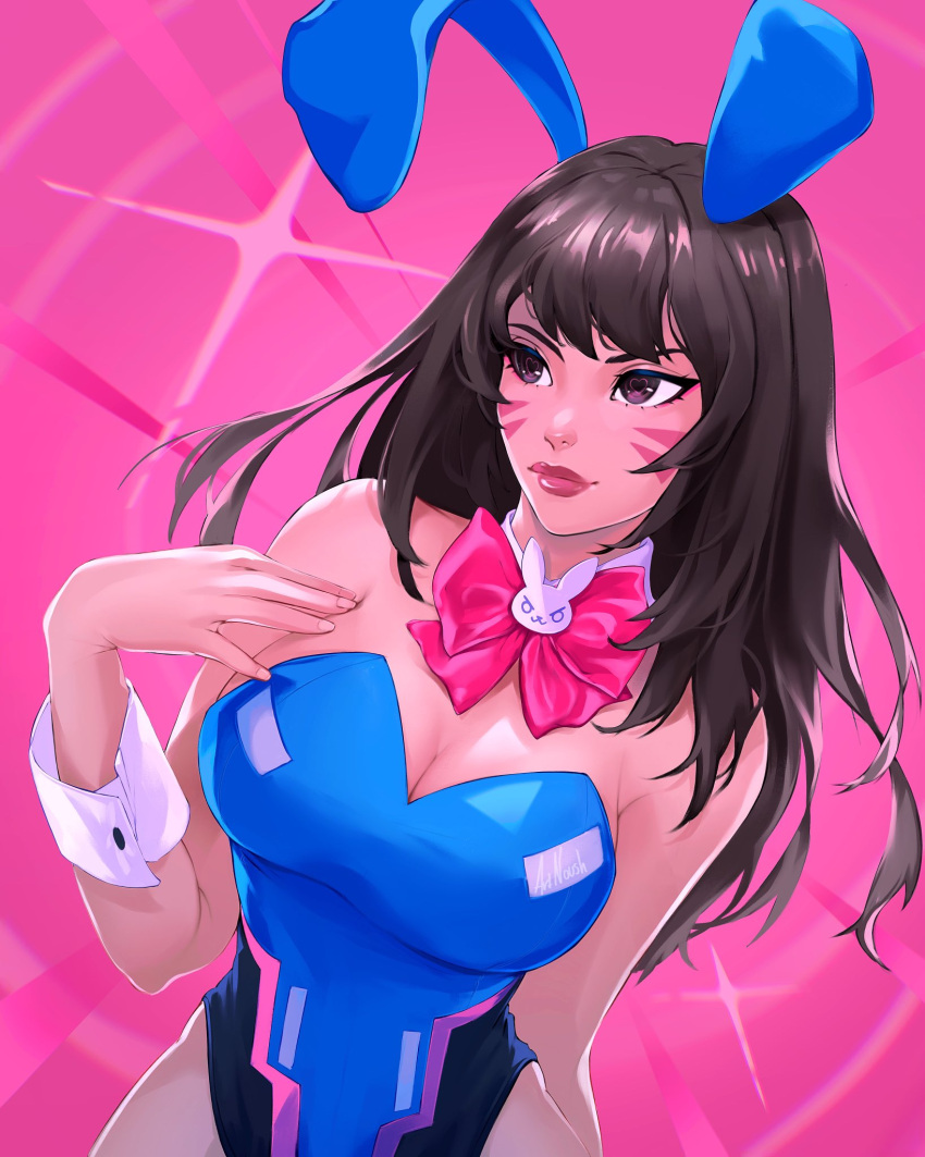 1girl adapted_costume animal_ears artist_name blue_leotard bow breasts brown_eyes brown_hair cleavage d.va_(overwatch) detached_collar facepaint fake_animal_ears hand_on_own_chest head_tilt heart heart-shaped_pupils highres leotard long_hair looking_to_the_side medium_breasts noush overwatch overwatch_2 pink_background pink_bow playboy_bunny rabbit_ears red_lips smile solo sparkle symbol-shaped_pupils wrist_cuffs