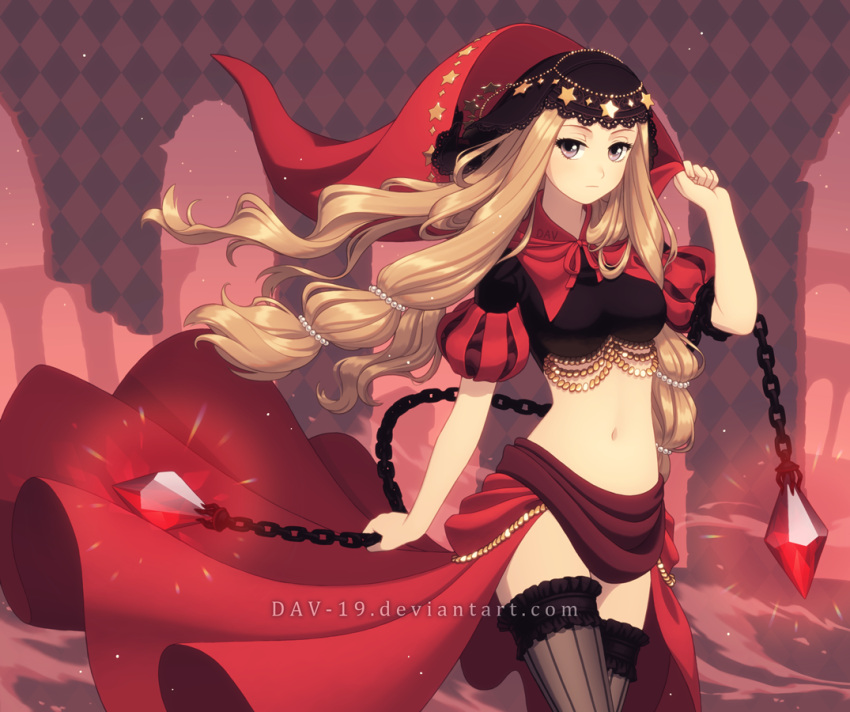 1girl black_undershirt blonde_hair brown_eyes chain crystal dav-19 detached_collar kneehighs long_hair navel odin_sphere puffy_sleeves socks solo star_(symbol) veil velvet_(odin_sphere)