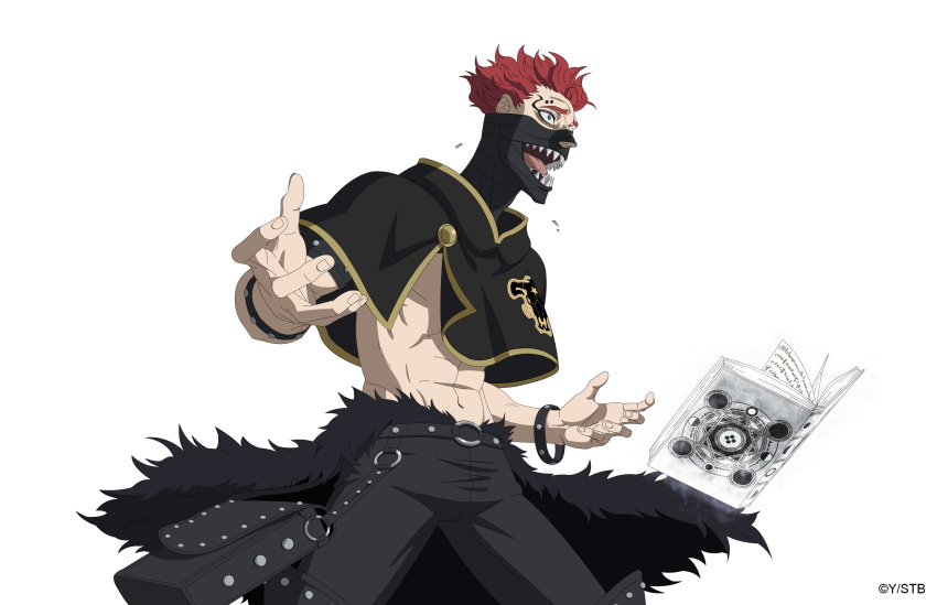 1boy abs belt black_belt black_bulls_(emblem) black_capelet black_clover black_clover_m:_rise_of_the_wizard_king black_mask black_pants blue_eyes book boots bracelet capelet eyebrow_piercing highres jewelry mask navel official_art open_book open_mouth pants piercing red_hair rubbing_neck sharp_teeth short_hair simple_background solo teeth topless_male zora_ideale