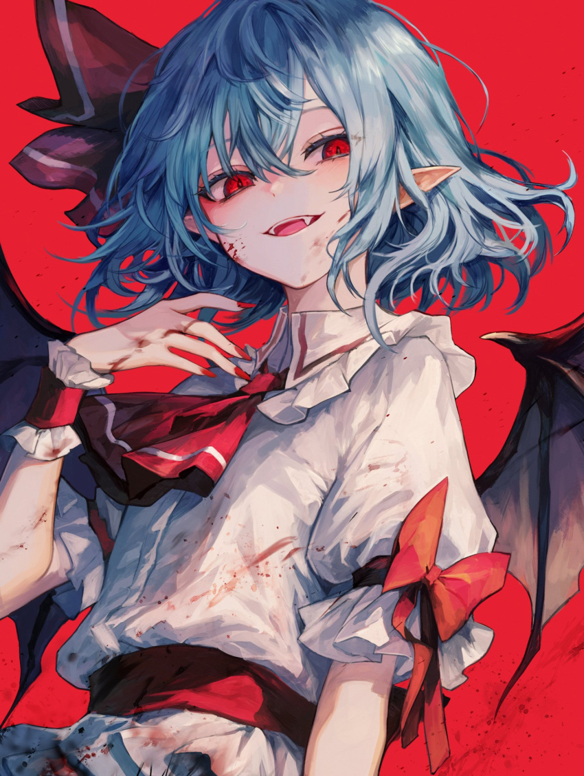 1girl bat_wings blood blood_on_clothes blood_on_dress blood_on_face blood_on_hands blue_hair collared_dress dress fangs hair_ribbon highres light_blue_hair looking_at_viewer maho_moco pink_dress pointy_ears red_background red_eyes red_ribbon remilia_scarlet ribbon short_sleeves simple_background solo touhou upper_body vampire wings