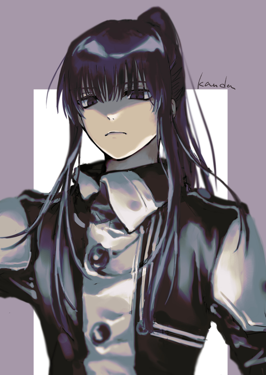 1boy black_hair black_order_uniform character_name closed_mouth coat commentary_request d.gray-man expressionless hair_between_eyes high_ponytail highres kanda_yuu long_bangs long_hair looking_at_viewer male_focus nemui_draw partially_shaded_face purple_background sketch solo two-tone_background upper_body white_background