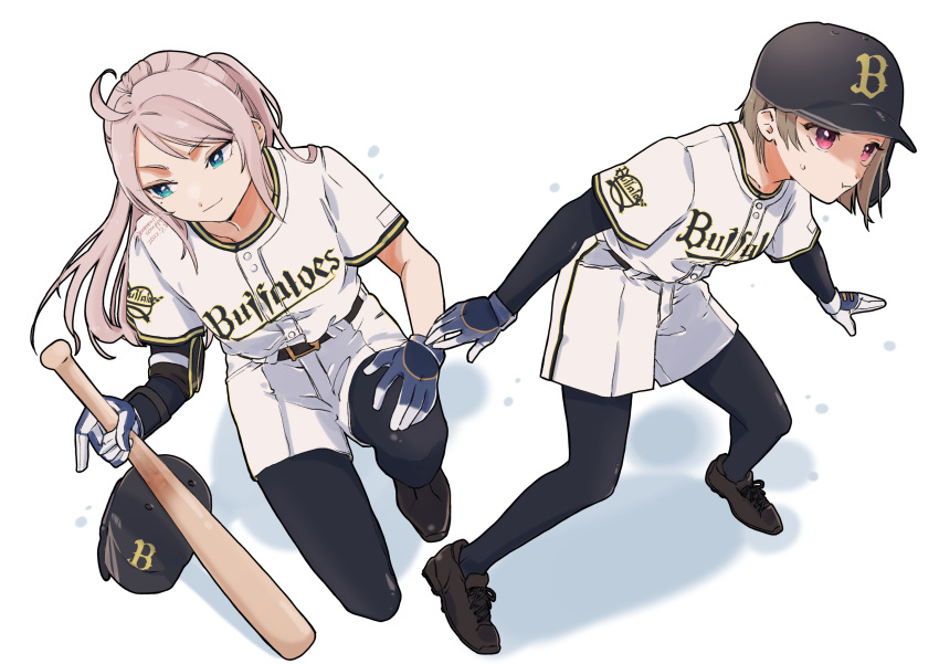 2girls baseball_bat baseball_cap baseball_uniform belt black_belt black_footwear black_pantyhose blue_eyes blue_gloves brown_hair gloves hair_behind_ear hat helmet highres holding holding_baseball_bat love_live! love_live!_nijigasaki_high_school_idol_club mole mole_under_eye multiple_girls nakasu_kasumi nippon_professional_baseball orix_buffaloes pantyhose pink_eyes pink_hair shirt shoes short_hair shorts smile sportswear unworn_headwear unworn_helmet white_shirt white_shorts yurine_(mmmiso_souppp) zhong_lanzhu