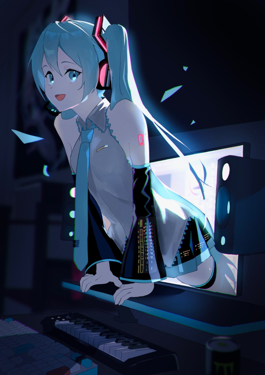 1girl :d aqua_eyes aqua_hair aqua_necktie black_skirt black_sleeves collared_shirt commentary detached_sleeves grey_shirt hair_ornament hatsune_miku headphones highres instrument keyboard_(instrument) miku_day monitor necktie number_tattoo open_mouth peeking_out pleated_skirt potetoneko shirt shoulder_tattoo skirt sleeveless sleeveless_shirt smile solo tattoo through_medium through_screen tie_clip tongue triangle twintails very_long_sleeves vocaloid