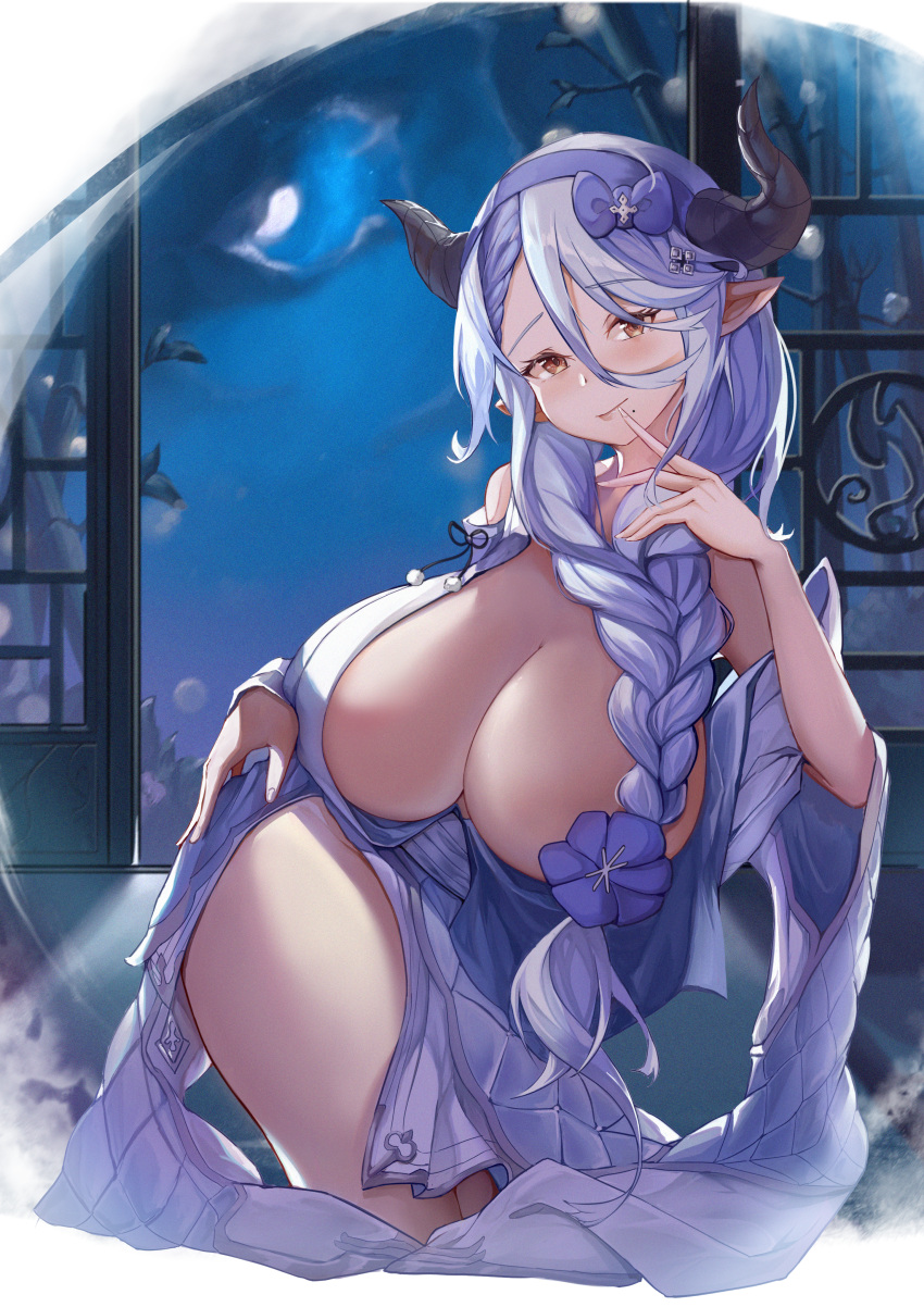 1girl absurdres braid breasts convenient_censoring draph finger_to_mouth flower front_braid granblue_fantasy hair_censor hair_flower hair_ornament hairband highres horns huge_filesize izmir japanese_clothes joker0744g kimono large_breasts light_blue_hair lips long_hair mole mole_under_mouth moon night one_breast_out open_clothes open_kimono open_window orange_eyes pointy_ears solo thighs very_long_hair window yukata