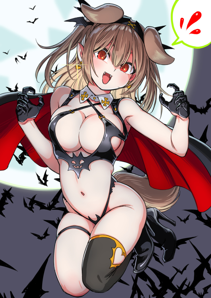 1girl animal_ears bikini black_bikini black_gloves black_hairband breasts brown_hair cape cleavage clothing_cutout commentary_request detached_collar dog_ears dog_girl dog_tail earrings fangs full_moon glint gloves hairband half_gloves heart heart_cutout heart_earrings high_heels highres hololive inugami_korone jewelry large_breasts long_hair moon pointy_ears red_cape red_eyes revealing_clothes sabaku_chitai simple_bat single_thighhigh solo spoken_object swimsuit tail thigh_strap thighhighs vampire virtual_youtuber
