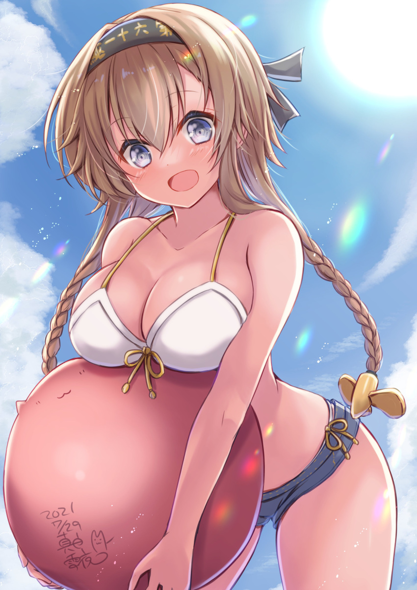 1girl absurdres ball beachball bikini bikini_shorts black_headband blue_eyes braid breasts cleavage clothes_writing collarbone denim hair_ornament headband highres holding holding_ball kantai_collection large_breasts light_brown_hair long_hair looking_at_viewer mashiro_yukiya open_mouth outdoors propeller_hair_ornament shorts solo sunlight swimsuit teruzuki_(kancolle) twin_braids white_bikini