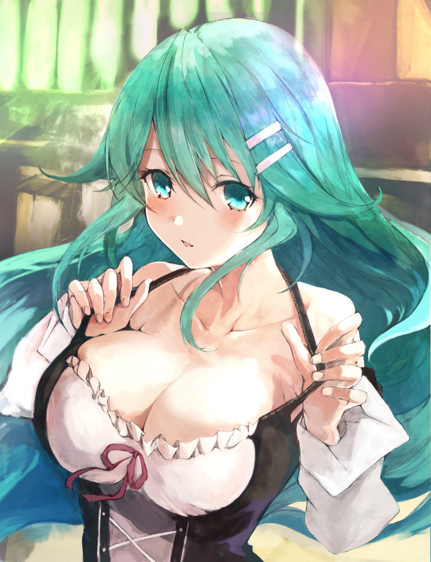 1girl agulo aqua_eyes aqua_hair bangs bare_shoulders blush_stickers breasts cleavage collarbone dirndl frills german_clothes hair_ornament hairclip highres large_breasts long_hair looking_at_viewer pulptenks_flanders rance_(series) rance_01 ribbon solo