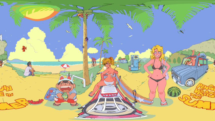 360_panorama 3girls 4boys beach bikini bird black_bikini black_hair blonde_hair blue_eyes breasts brown_hair changing_clothes character_request child cleavage closed_eyes closed_mouth cloud cloudy_sky day dr._slump fox highres kimidori_akane large_breasts long_hair looking_at_viewer looking_back motor_vehicle motorcycle multiple_boys multiple_girls norimaki_midori outdoors pov ramb_chop running sitting sky smile smoke smoking soramame_piisuke soramame_tarou sun sunglasses swimsuit van white_bikini