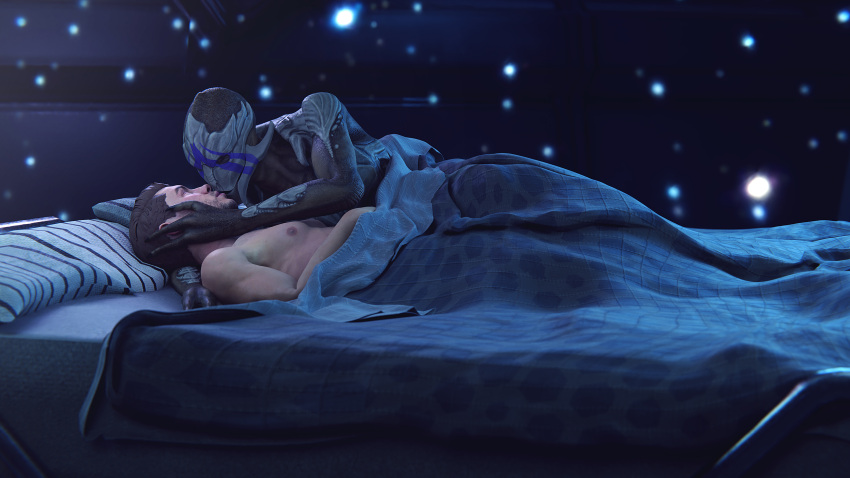 2023 3d_(artwork) absurd_res alien bed cuddling digital_media_(artwork) doinks-ahoy duo female female_on_human furniture hi_res human human_on_humanoid humanoid interspecies kiss_on_lips kissing male male/female male_on_humanoid mammal mass_effect mass_effect_andromeda nipples nude_female nude_male romantic romantic_ambiance romantic_couple scott_ryder turian under_covers vetra_nyx