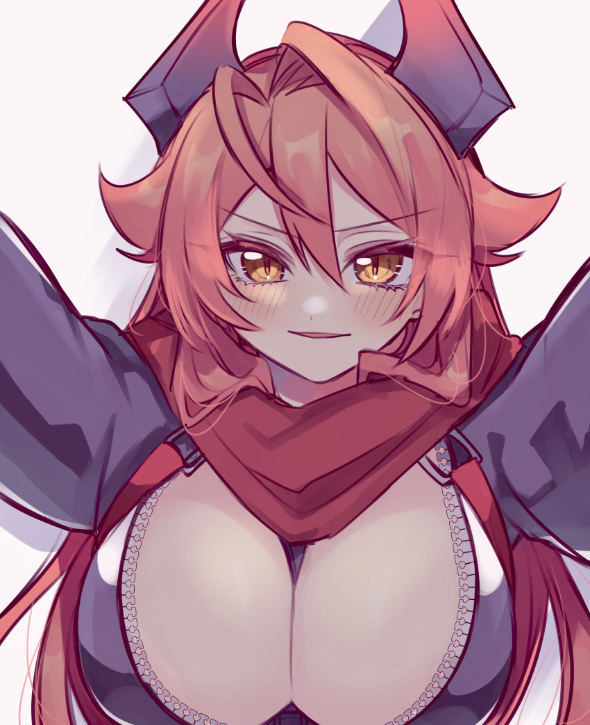 1girl absurdres between_breasts blush breasts cleavage commentary_request cropped_jacket goddess_of_victory:_nikke hair_between_eyes highres horns jacket large_breasts leather leather_jacket long_hair long_sleeves looking_at_viewer mechanical_horns miko_(uuua12u) parted_lips pov red_hair red_hood_(nikke) red_scarf scarf sidelocks simple_background solo standing strap_between_breasts suspenders unzipped upper_body white_background yellow_eyes