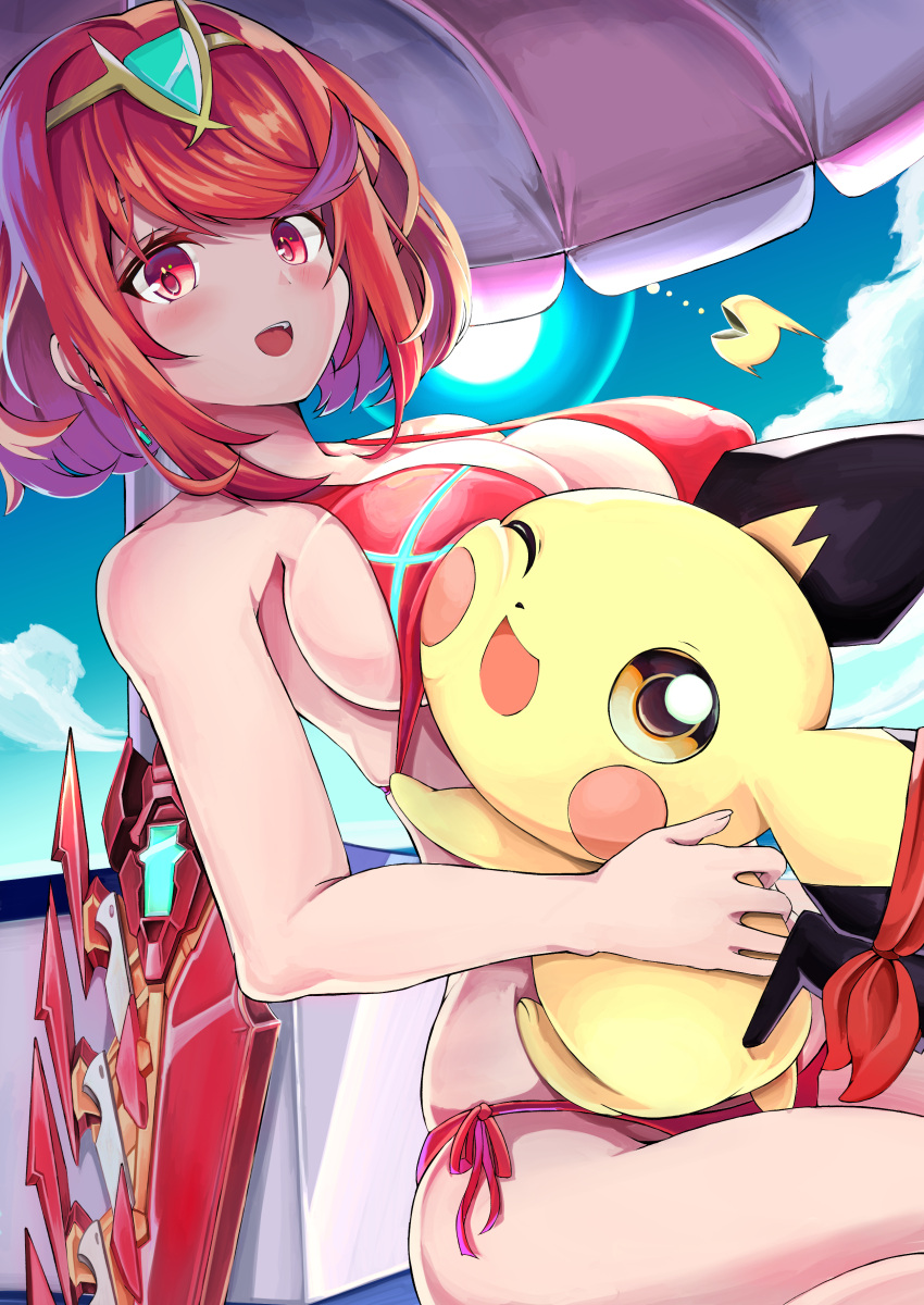 1girl :d ;d absurdres aegis_sword_(xenoblade) bangs beach beach_umbrella bikini blue_sky breasts chest_jewel cloud crossover day drp_izm gen_2_pokemon highres large_breasts looking_at_viewer one_eye_closed open_mouth pac-man pac-man_(game) pichu pokemon pokemon_(creature) pyra_(xenoblade) red_eyes red_hair red_shorts short_hair shorts sky smile sun super_smash_bros. swept_bangs swimsuit umbrella xenoblade_chronicles_(series) xenoblade_chronicles_2