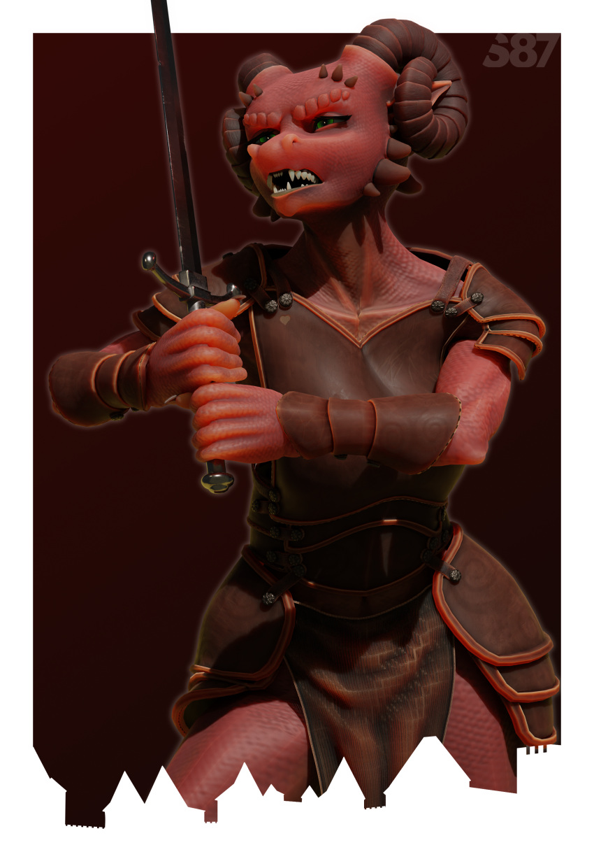 3d_(artwork) 5_fingers absurd_res anthro armor artist_logo artist_name biped black_claws black_eyelashes border bottomwear breastplate brown_bottomwear brown_clothing brown_horn brown_loincloth brown_spikes cheek_spikes claws clothing digital_media_(artwork) eyebrows eyelashes facial_spikes fangs female fingers green_eyes hi_res holding_object holding_sword holding_weapon horn kobold leather leather_armor logo loincloth melee_weapon open_mouth pupils red_background red_body red_eyebrows red_scales s87 scales simple_background solo spikes spikes_(anatomy) standing sword teeth weapon white_border