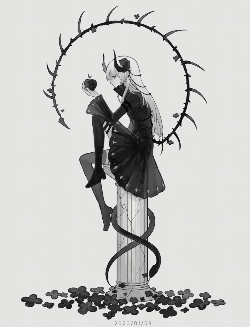 1girl animal apple bone_tail carriann000 crack curled_horns dress earclip flower food from_side fruit full_body hair_ribbon hand_up high_collar highres holding holding_food holding_fruit horns knee_up long_hair long_sleeves looking_at_viewer monochrome on_top_of_pole original pillar pointy_ears profile ribbon sideways_glance simple_background sitting snake spikes thighhighs wide_sleeves