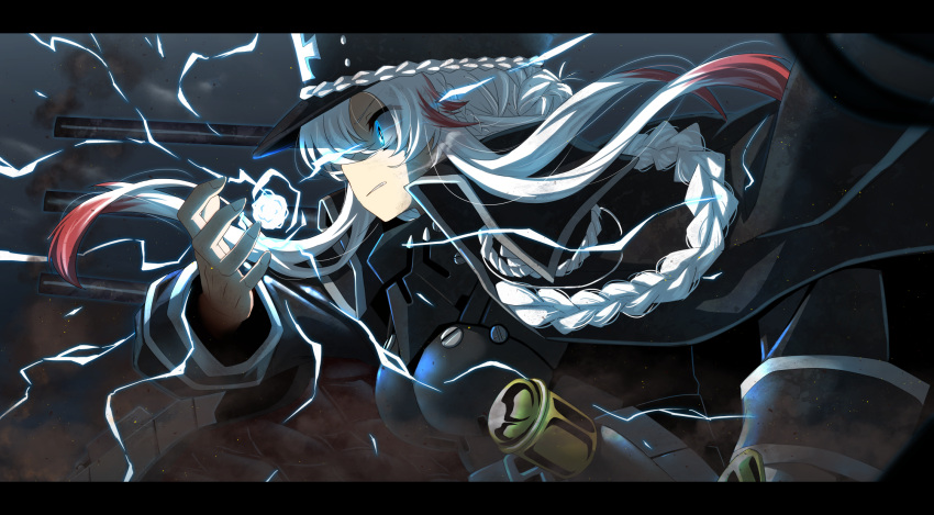 1girl armor artillery azur_lane bangs blue_eyes braid breastplate cannon coat electricity french_braid from_side glowing glowing_eyes hat highres lightning long_bangs military military_hat military_uniform mizunashi_(second_run) multicolored_hair odin_(azur_lane) shaded_face solo streaked_hair uniform white_hair