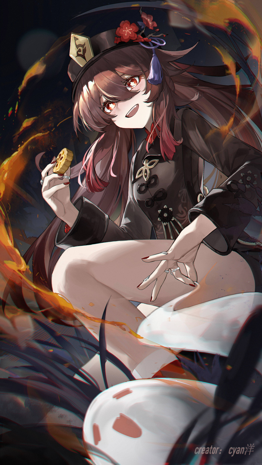 1girl :d absurdres artist_name black_headwear black_shorts boo_tao_(genshin_impact) brown_coat brown_hair coat commentary_request cookie cyan_yang feet_out_of_frame fire flower flower-shaped_pupils food genshin_impact ghost hat hat_flower highres holding holding_cookie holding_food hu_tao_(genshin_impact) knee_up long_hair long_sleeves looking_at_viewer open_mouth plum_blossoms porkpie_hat red_eyes red_flower red_nails shorts smile socks solo symbol-shaped_pupils tassel very_long_hair