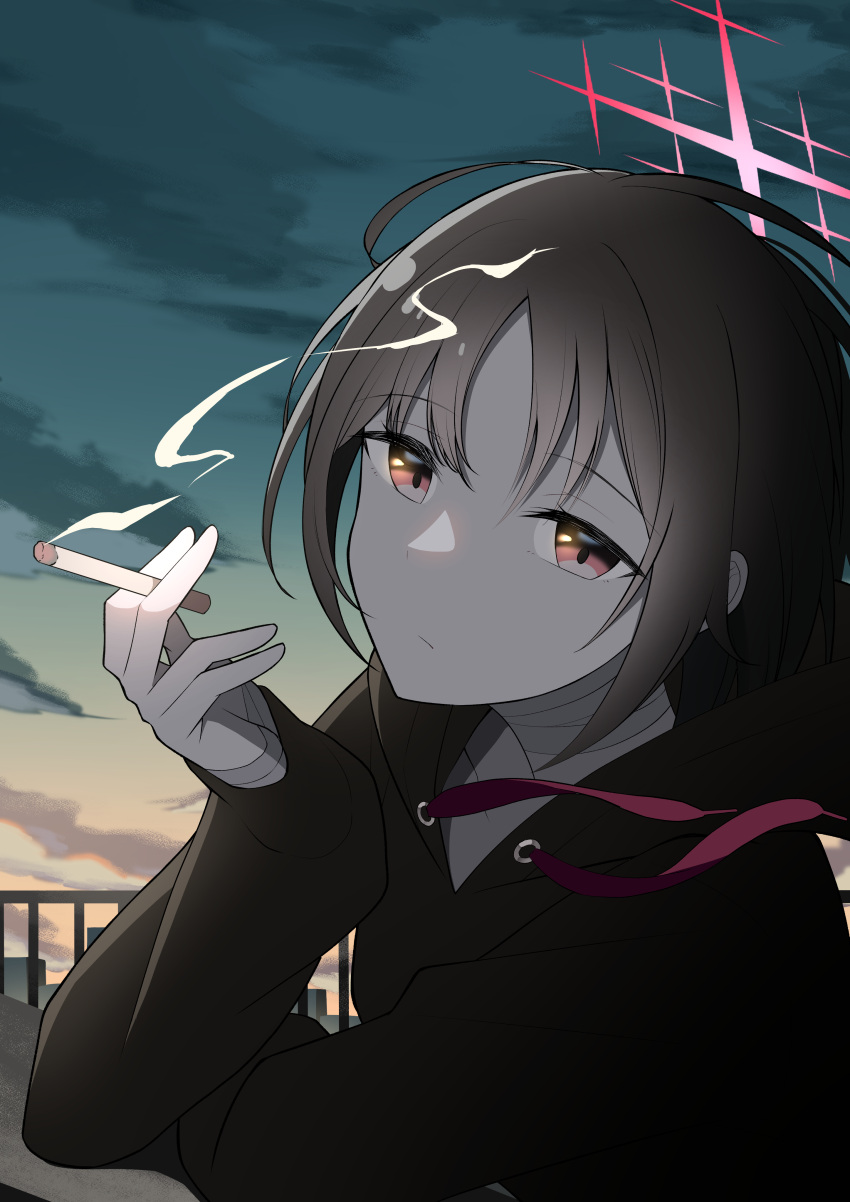 1girl absurdres bandaged_arm bandaged_neck bandages black_hair black_hoodie black_sweater blue_archive cigarette evening halo highres hood hoodie kuryuu_chiaki misaki_(blue_archive) red_eyes red_halo rooftop short_hair skyline solo sweater