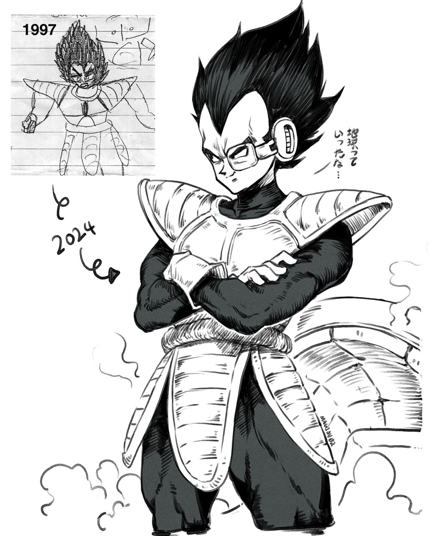 1boy artist_progress black_hair commentary crossed_arms dated dragon_ball gloves highres magion02 monochrome saiyan_armor scouter signature simple_background smile solo spiked_hair super_saiyan vegeta white_background white_gloves