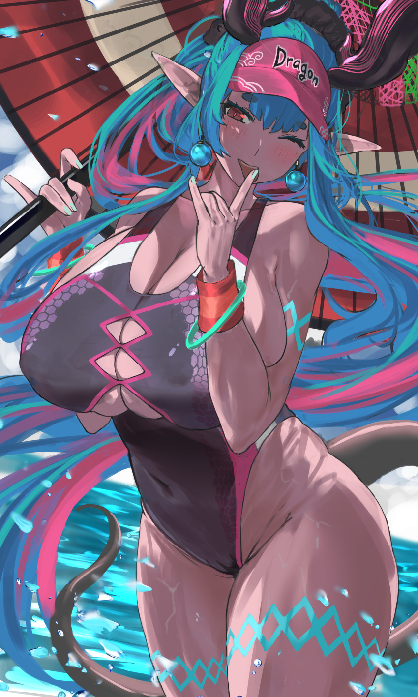 1girl absurdres black_one-piece_swimsuit blue_hair blue_nails breasts covered_navel earrings fate/grand_order fate_(series) highres horns huge_breasts ibuki_douji_(fate) ibuki_douji_(swimsuit_berserker)_(fate) ibuki_douji_(swimsuit_berserker)_(first_ascension)_(fate) jewelry nuo_(fttv3255) ocean oil-paper_umbrella one-piece_swimsuit one_eye_closed pointy_ears ponytail red_eyes swimsuit tail umbrella visor_cap wristband