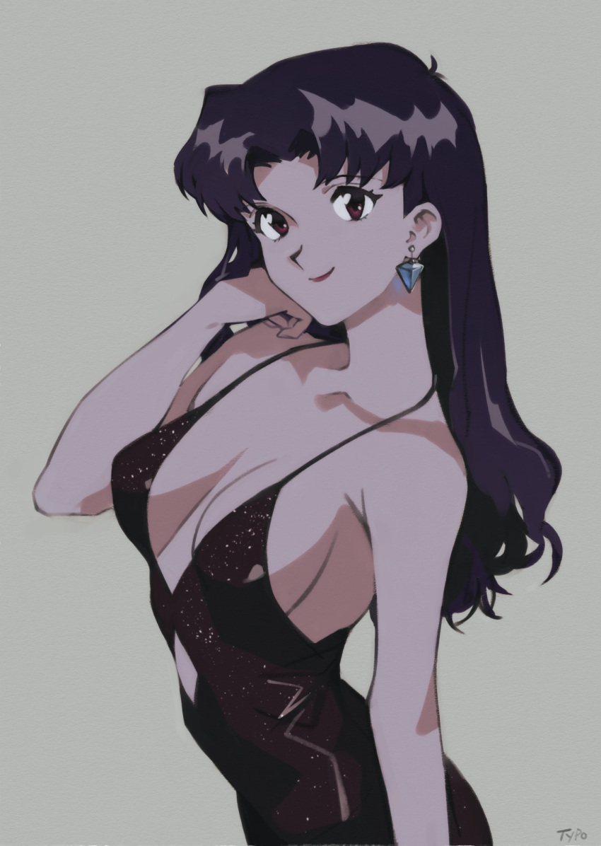 1girl black_dress breasts dress earrings highres jewelry katsuragi_misato long_hair looking_at_viewer neon_genesis_evangelion optionaltypo purple_hair red_eyes signature simple_background smile solo