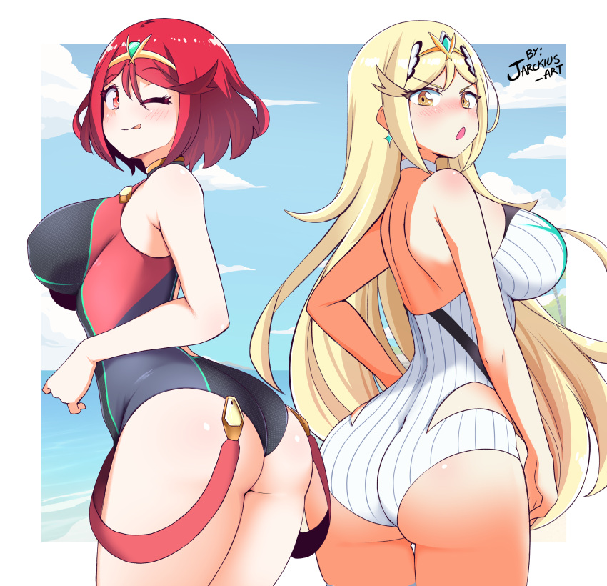 ;p absurdres ass beach black_one-piece_swimsuit blonde_hair blush breasts competition_swimsuit cowboy_shot earrings from_behind highres jarckius jewelry large_breasts long_hair mythra_(radiant_beach)_(xenoblade) mythra_(xenoblade) nose_blush one-piece_swimsuit one_eye_closed pyra_(pro_swimmer)_(xenoblade) pyra_(xenoblade) red_eyes red_hair short_hair sideboob signature swept_bangs swimsuit tiara tongue tongue_out very_long_hair white_one-piece_swimsuit xenoblade_chronicles_(series) xenoblade_chronicles_2 yellow_eyes