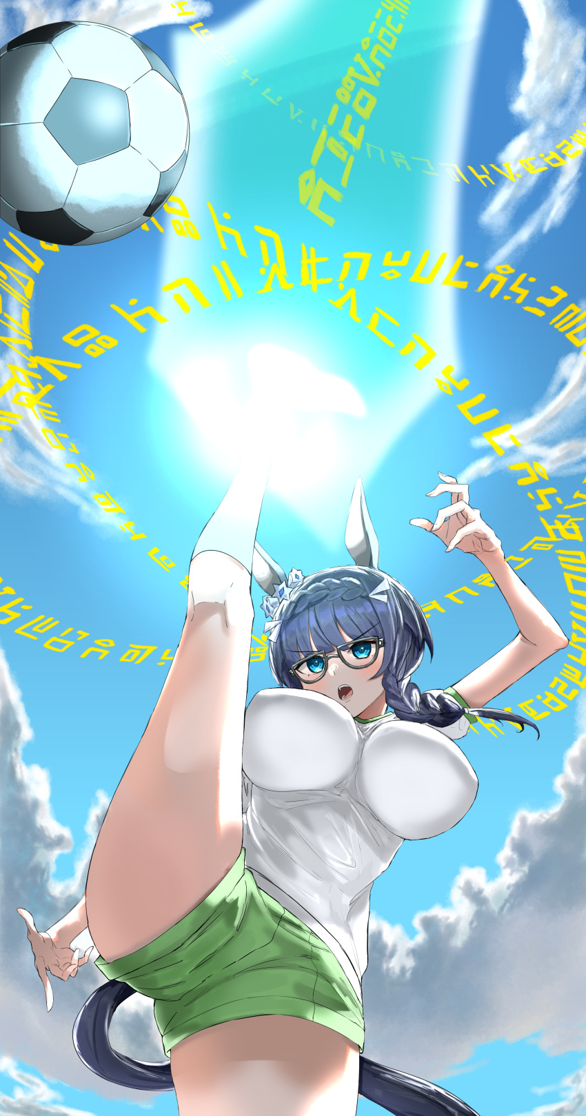 1girl absurdres alternate_costume animal_ears ball blue_eyes blush braid breasts commentary_request energy_sword glasses highres horse_ears horse_girl inazuma_eleven_(series) kumiyabe large_breasts leg_up long_hair magic_circle open_mouth original_race_uniform_(umamusume) shorts side_braid sky soccer_ball solo sword umamusume weapon zenno_rob_roy_(umamusume)