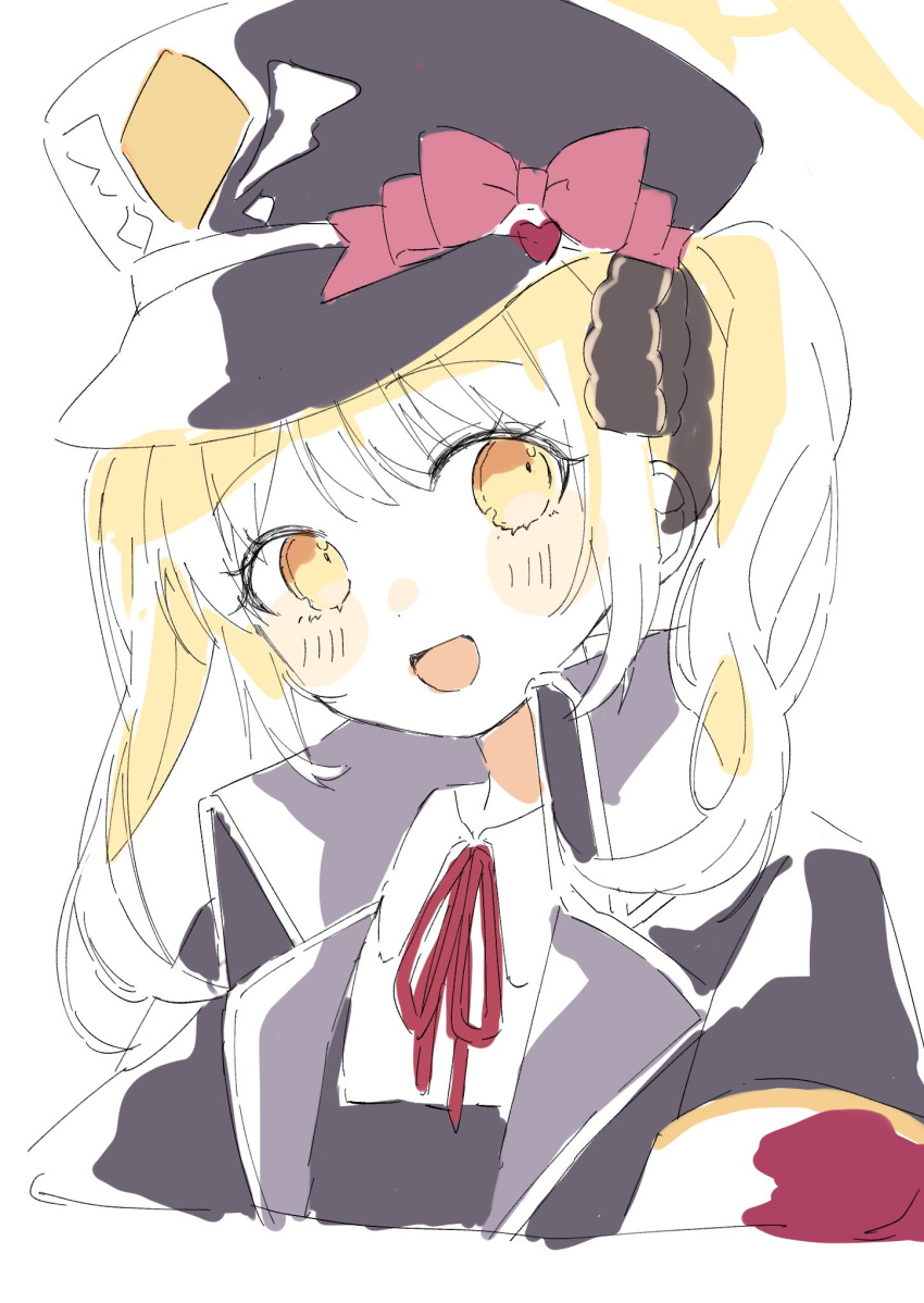 :d black_headwear black_jacket blonde_hair blue_archive blush bow breasts halo hat hat_bow highres ibuki_(blue_archive) jacket looking_at_viewer medium_breasts naoton neck_ribbon open_clothes open_jacket portrait red_ribbon ribbon shirt smile twintails white_shirt yellow_eyes