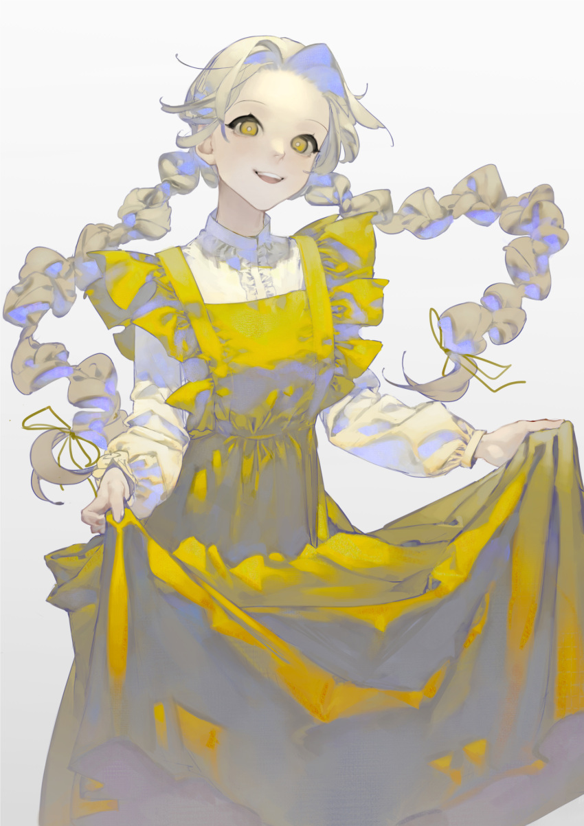 1girl braid clothes_lift dress dress_lift facing_viewer floating_hair forehead frilled_dress frills grey_hair highres light_blush long_hair looking_at_viewer mallllma open_mouth original shirt_under_dress smile solo standing twin_braids upper_body white_background yellow_dress yellow_eyes