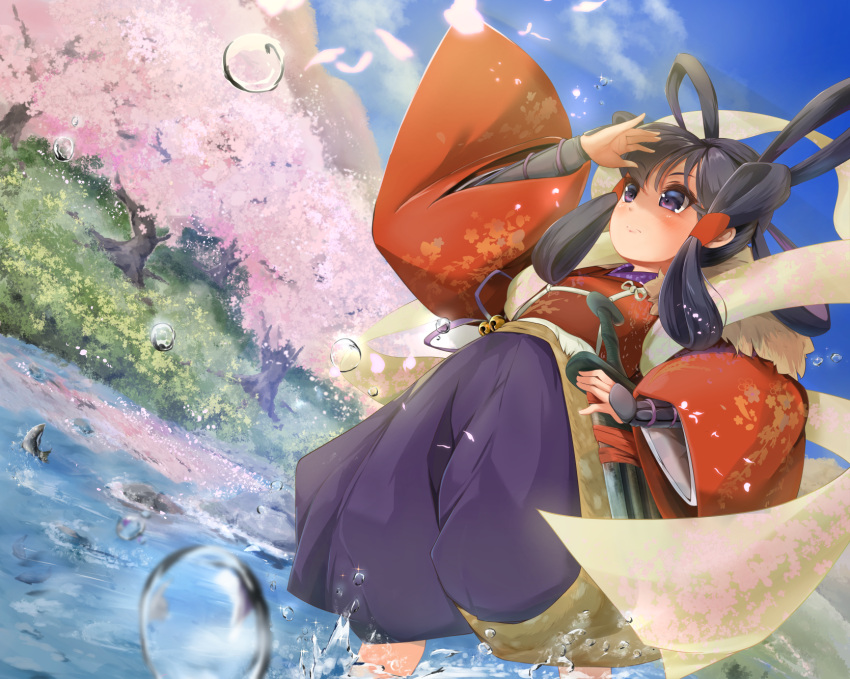 1girl black_eyes black_hair black_hakama blue_sky blush cherry_blossoms hagoromo hakama highres japanese_clothes kimono looking_afar mizura outdoors petals red_kimono river sakuna-hime saw_ronbow shawl sky smile solo sunlight tensui_no_sakuna-hime tree water_drop