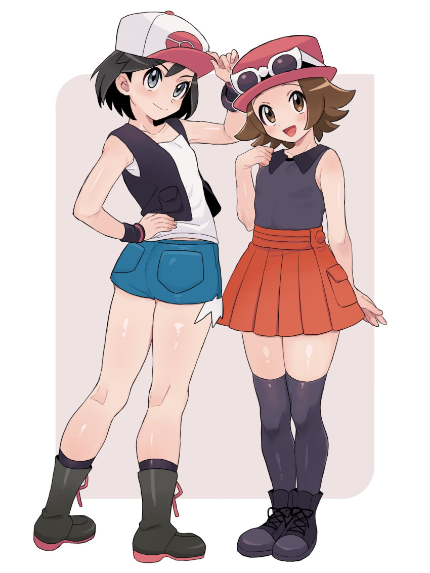 2boys :d black_vest blush boots brown_eyes brown_hair calem_(pokemon) closed_mouth collared_shirt commentary_request cosplay crossdressing eyewear_on_headwear grey_eyes hand_on_headwear hand_on_own_hip hand_up hat head_tilt highres hilbert_(pokemon) hilda_(pokemon) hilda_(pokemon)_(cosplay) kneepits male_focus multiple_boys open_clothes open_mouth open_vest otoko_no_ko pink_headwear pleated_skirt pokemon pokemon_bw pokemon_xy sana_(37pisana) serena_(pokemon) serena_(pokemon)_(cosplay) shiny_skin shirt shorts skirt sleeveless sleeveless_shirt smile socks sunglasses thighhighs vest white-framed_eyewear white_headwear white_shirt