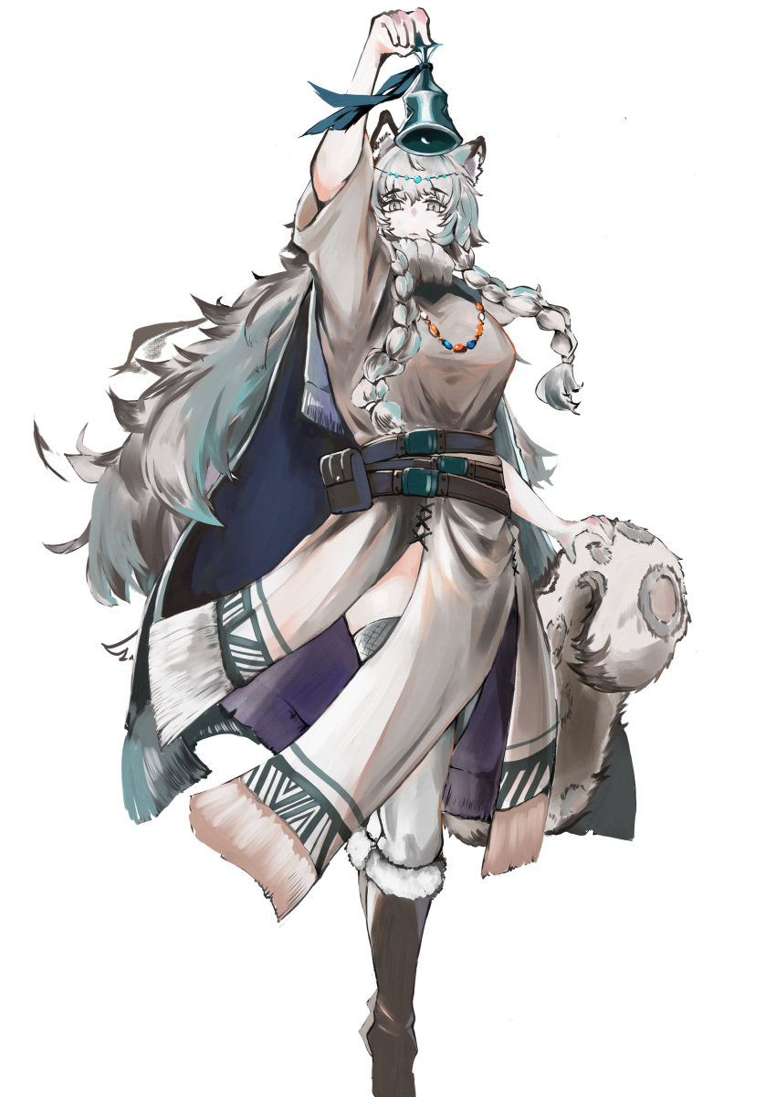 1girl absurdres animal_ear_fluff animal_ears arknights arm_up bell belt belt_pouch bikini boots braid brown_footwear cape closed_mouth expressionless full_body fur-trimmed_bikini fur_trim grey_eyes grey_hair grey_thighhighs handbell head_chain highres holding holding_bell karaage-senpai long_hair looking_at_viewer outstretched_arm pouch pramanix_(arknights) short_sleeves simple_background snow_leopard_ears snow_leopard_girl snow_leopard_tail solo spotted_tail standing swimsuit tail thighhighs tibetan_clothes twin_braids very_long_hair white_background zettai_ryouiki