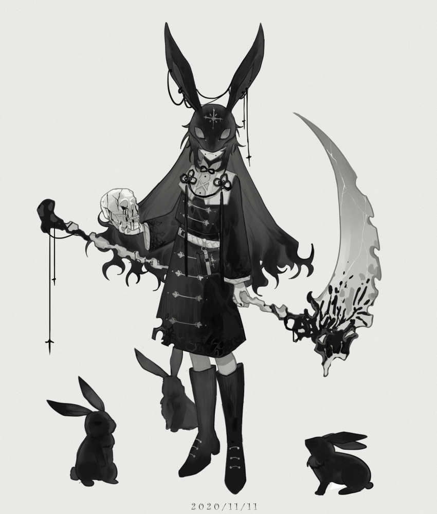 1girl animal belt blood carriann000 chinese_commentary dated dress earrings facing_viewer frown full_body highres holding holding_scythe holding_skull jewelry linked_piercing long_hair long_sleeves mask mole mole_under_mouth monochrome nail_polish original piercing rabbit rabbit_mask scythe sidelocks simple_background skull very_long_hair