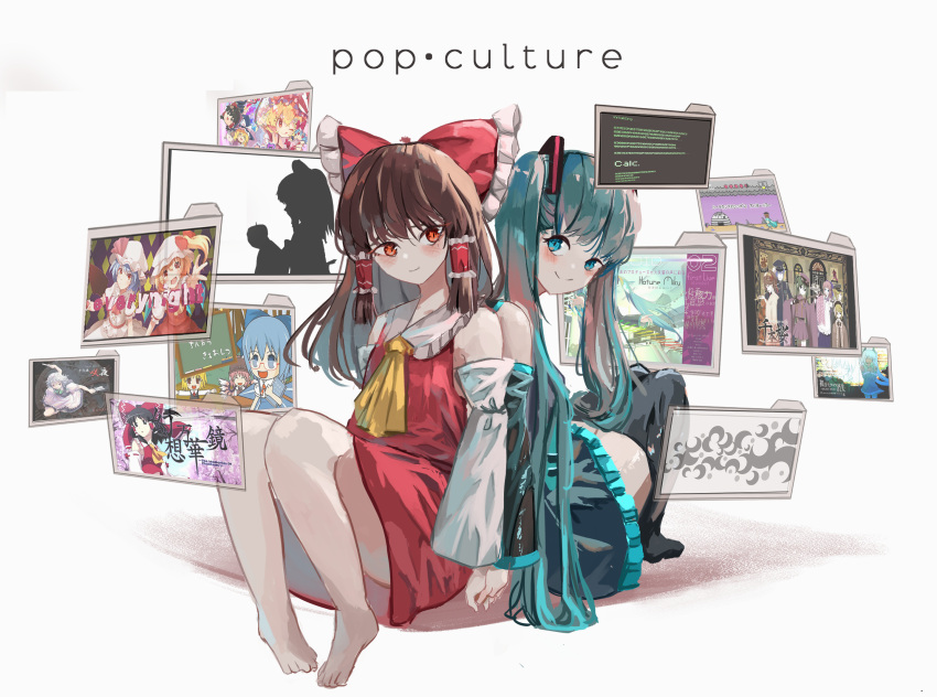 2girls bad_apple!! barefoot black_thighhighs blue_skirt brown_hair calc._(vocaloid) commentary detached_sleeves english_commentary english_text hakurei_reimu hatsune_miku hello_planet_(vocaloid) highres iosys izayoi_sakuya jacket melt_(vocaloid) multiple_girls mystia_lorelei red_jacket red_skirt rolling_girl_(vocaloid) rumia senbonzakura_(vocaloid) sketch skirt song_request songover thighhighs touhou vanilla_flan vocaloid white_background white_sleeves window_(computing)