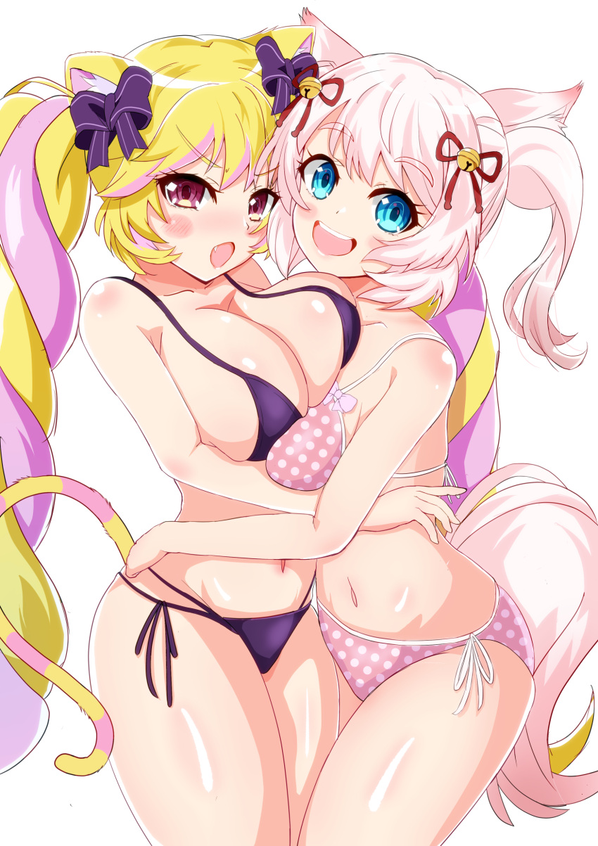 2girls absurdres animal_ears asymmetrical_docking bell bikini blonde_hair blue_eyes blush_stickers bow bra breast_press breasts cat_ears cat_girl cat_tail cleavage collarbone commentary cowboy_shot drill_hair fang fox_ears fox_girl fox_tail hair_bow highres howan_(show_by_rock!!) hug jingle_bell large_breasts long_hair looking_at_viewer mashima_himeko_(show_by_rock!!) medium_breasts multicolored_hair multiple_girls navel open_mouth panties pink_hair polka_dot polka_dot_bra polka_dot_panties purple_eyes short_hair show_by_rock!! simple_background smile string_bikini swimsuit tail thighs twintails underwear upper_teeth very_long_hair white_background white_hair yanakura yuri