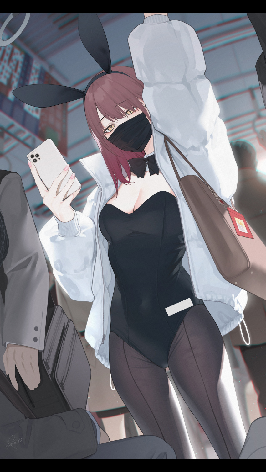 1girl absurdres animal_ears arm_up bag black_leotard bow bowtie breasts brown_hair cellphone detached_collar fake_animal_ears grey_jacket hand_grip highres holding holding_hand_grip holding_phone jacket large_breasts leotard long_sleeves looking_at_viewer mask medium_breasts mouth_mask multiple_others open_clothes open_jacket original padded_jacket pantyhose phone playboy_bunny rabbit_ears rerrere shoulder_bag smartphone solo_focus standing strapless strapless_leotard train_interior yellow_eyes