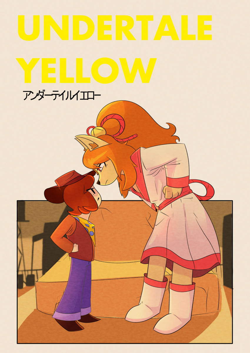 absurd_res angry anthro asian_clothing bangs bell bell_bow big_hair boots bottomwear canid canine ceroba_(undertale_yellow) chevy_(artist) clothing clover_(undertale_yellow) cowboy duo east_asian_clothing english_text eye_contact female fist footwear fox hair hi_res human japanese_clothing japanese_text kerchief kimono looking_at_another male mammal neckerchief pleated_skirt ponytail side_bangs skirt snout stare text topwear undertale_(series) undertale_yellow vest