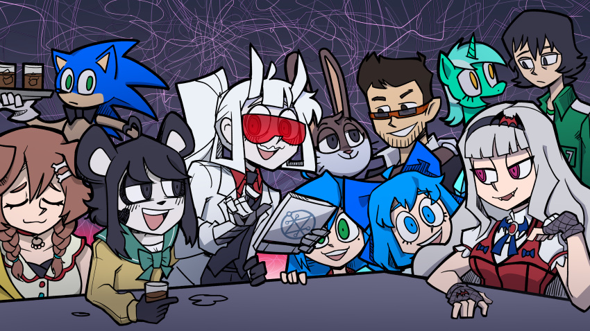 3boys 6+girls absurdres ahoge animal_ears big_chungus_(meme) black_bow black_bowtie black_eyes black_hair black_necktie blue_bow blue_bowtie blunt_bangs bone_hair_ornament bow bowtie braid breasts brown_eyes brown_hair bugs_bunny captainsparklez cirno closed_eyes closed_mouth collared_shirt crossover dog_ears dog_girl fangs fingerless_gloves fishnet_gloves fishnets furry furry_female furry_male gloves green_eyes green_jacket grey_hair grin hair_between_eyes hair_bow hair_ornament heart heart_ahoge helltaker high_ponytail highres holding holding_tray hololive horns idolmaster idolmaster_(classic) inugami_korone inugami_korone_(1st_costume) izumi_konata jacket kang_sae-byeok kenny_(ken_ashcorp) lab_coat long_hair looking_at_another looking_at_viewer looking_to_the_side looney_tunes loremaster_(helltaker) low_twin_braids lucky_star lyra_heartstrings medium_bangs medium_breasts medium_hair meme mole mole_under_eye multiple_boys multiple_girls my_little_pony my_little_pony:_friendship_is_magic necktie open_mouth original pale_skin panda_ears panda_girl parody rabbit_boy real_life red-tinted_eyewear red_eyes red_shirt ringed_eyes shijou_takane shirt short_hair siivagunner smile sonic_(series) sonic_the_hedgehog squid_game style_parody sunglasses tablet_pc teeth tinted_eyewear touhou track_jacket tray triple-q twin_braids upper_body upper_teeth_only vanripper_(style) virtual_youtuber waiter white_gloves white_hair white_horns