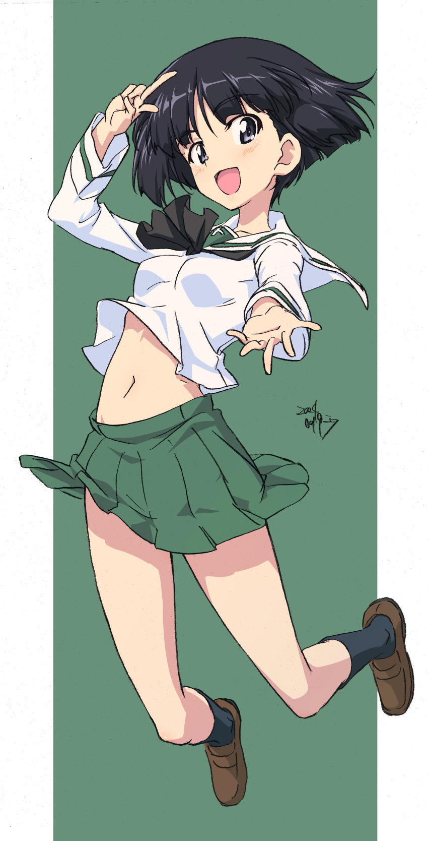 1girl absurdres black_hair blue_eyes blush breasts erakin girls_und_panzer green_background green_skirt highres looking_at_viewer miniskirt navel ooarai_school_uniform open_mouth school_uniform short_hair simple_background skirt small_breasts smile solo sono_midoriko v