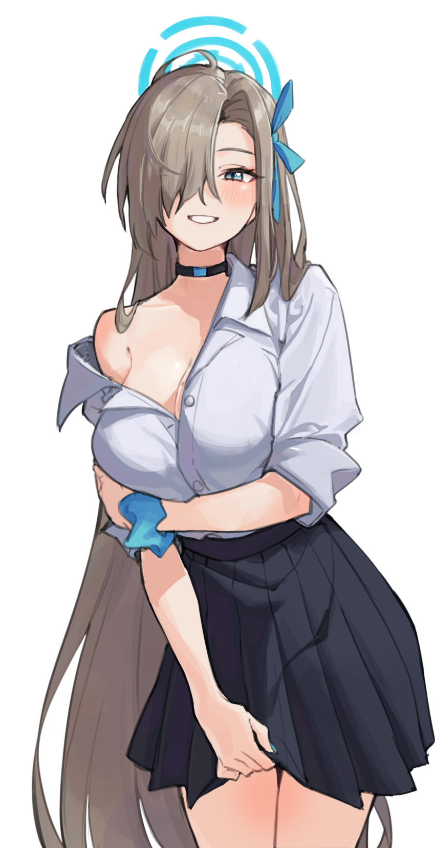 1girl absurdres arm_under_breasts asuna_(blue_archive) asymmetrical_bangs black_choker black_skirt blue_archive blue_eyes blue_halo blue_nails blue_ribbon blue_scrunchie blush breasts buttons choker cleavage cogh0910 collared_shirt commentary cowboy_shot grin hair_over_one_eye hair_ribbon halo hand_on_own_arm highres large_breasts light_brown_hair long_hair looking_at_viewer miniskirt mole mole_on_breast nail_polish off_shoulder one_eye_covered parted_lips partially_unbuttoned pleated_skirt ribbon school_uniform scrunchie shirt shirt_tucked_in simple_background single_bare_shoulder skirt sleeves_past_elbows sleeves_pushed_up smile solo standing symbol-only_commentary very_long_hair white_background white_shirt wrist_scrunchie