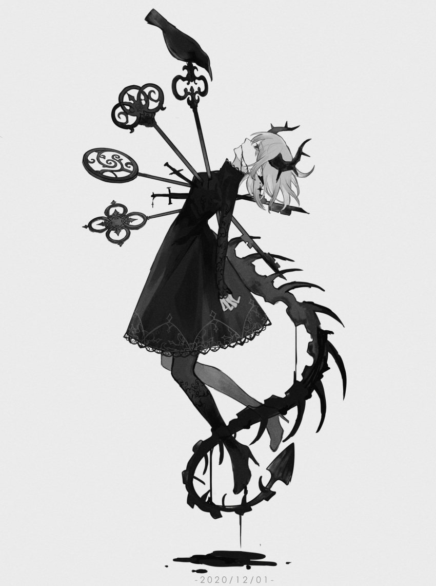 1girl animal bird bleeding blood blood_from_mouth bone_tail carriann000 chinese_commentary crow curled_horns dress earclip earrings floating from_side full_body high_heels highres horns impaled injury jewelry key lace-trimmed_dress lace-trimmed_sleeves lace_trim long_sleeves looking_at_animal looking_up monochrome original oversized_object pantyhose pointy_ears profile short_hair simple_background spikes sword weapon