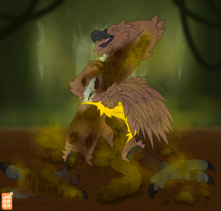 anthro anus avian beak bird blush bottomwear brown_body brown_feathers chris_(dirtybirdbutt) clothing dirty feathers feces feces_covered feces_on_body feces_on_ground feces_pile feet happy hi_res jooper kneeling loincloth male mud mud_bath mud_covered musk pooping pooping_on_floor raised_arms raised_tail rubbing scat smearing smelly smile solo stink_lines tail talons toes