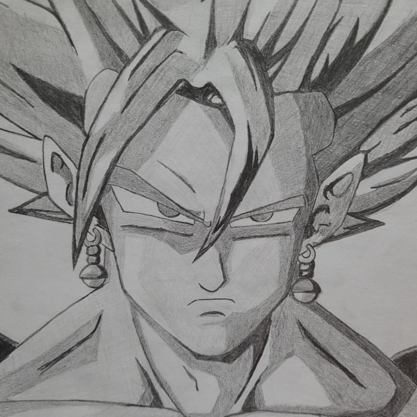 1boy cel_shading dougi dragon_ball dragon_ball_z earrings greyscale highres jewelry looking_at_viewer male_focus malphier monochrome portrait potara_earrings practice saiyan solo spiked_hair squinting super_saiyan super_saiyan_1 toriyama_akira_(style) traditional_media upper_body vegetto