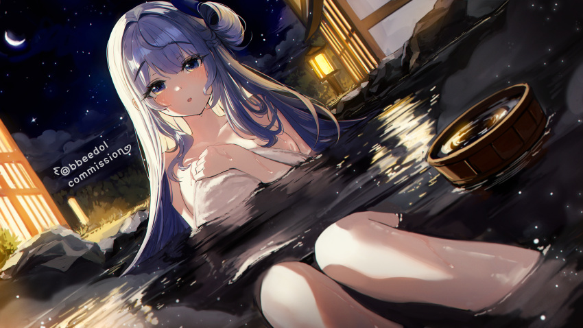 1girl absurdres backlighting bbeedol blue_eyes blue_hair breasts bucket commission covering_breasts covering_privates crescent_moon dutch_angle hair_rings hand_on_own_chest highres knees_up large_breasts long_hair looking_at_viewer moon naked_towel night night_sky onsen open_mouth original sitting sky star_(sky) starry_sky towel water wet wooden_bucket yuksi_(yuksi)