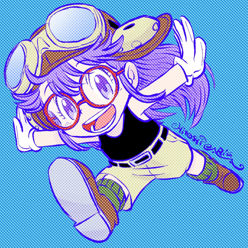 1girl ariga_hitoshi belt blue_background commentary_request dr._slump eyelashes full_body gloves goggles goggles_on_head highres long_hair norimaki_arale open_mouth outstretched_arms purple_eyes purple_hair red-framed_eyewear simple_background smile solo teeth white_gloves