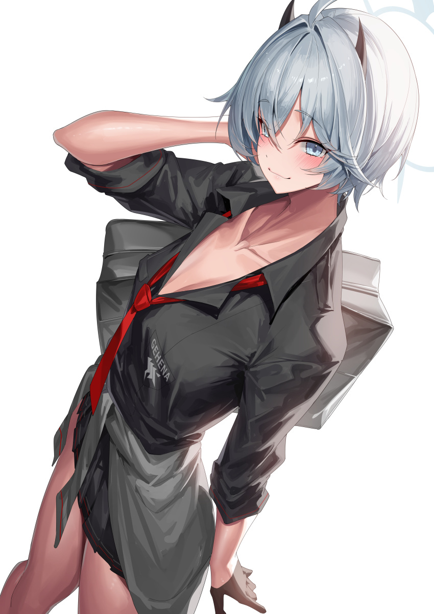 1girl absurdres bag black_shirt black_skirt blue_archive blush breasts cleavage clothes_around_waist collarbone collared_shirt erika_(blue_archive) grey_eyes grey_hair grey_jacket halo highres horns jacket jacket_around_waist long_sleeves looking_at_viewer medium_breasts necktie shirt shoulder_bag skirt smile solo thighs yamanokami_eaka