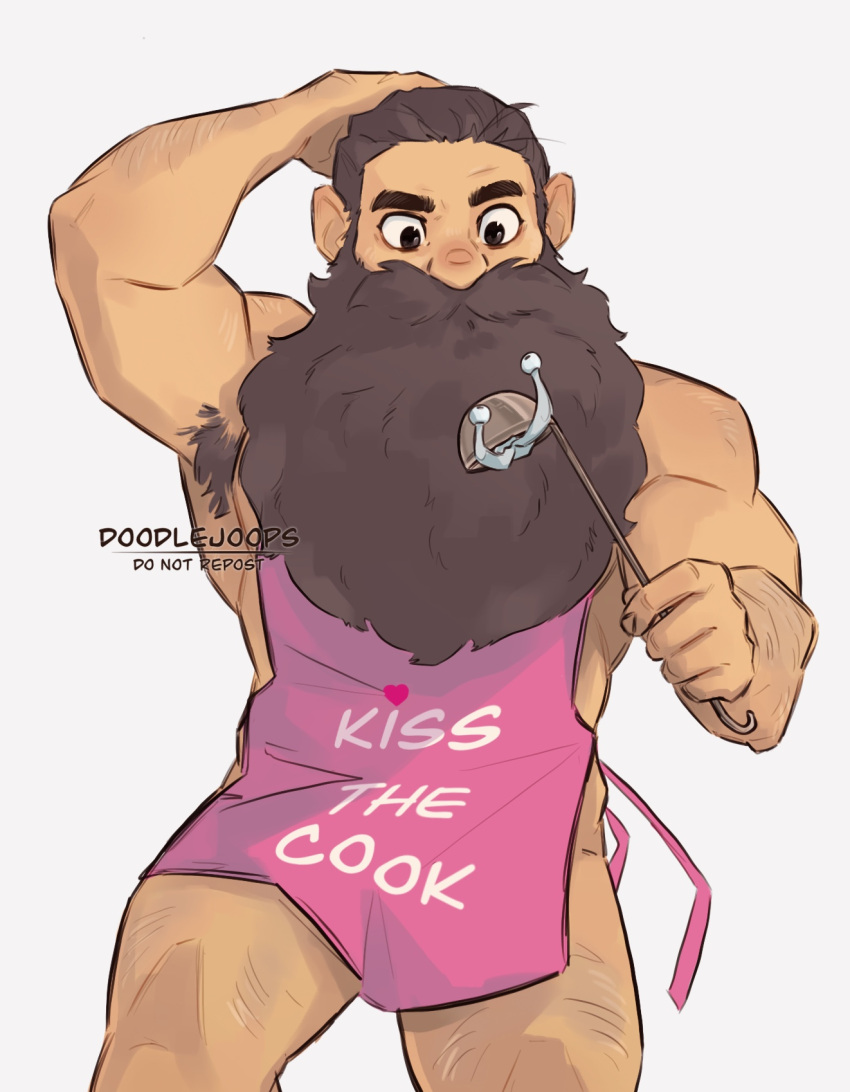 1boy apron armpit_hair armpits bara beard brown_hair clothes_writing cowboy_shot doodlejoops dungeon_meshi dwarf facial_hair hand_on_own_head highres kiss_the_cook long_beard male_focus muscular muscular_male naked_apron pink_apron senshi_(dungeon_meshi) solo sparse_arm_hair sparse_leg_hair standing thick_mustache very_long_beard