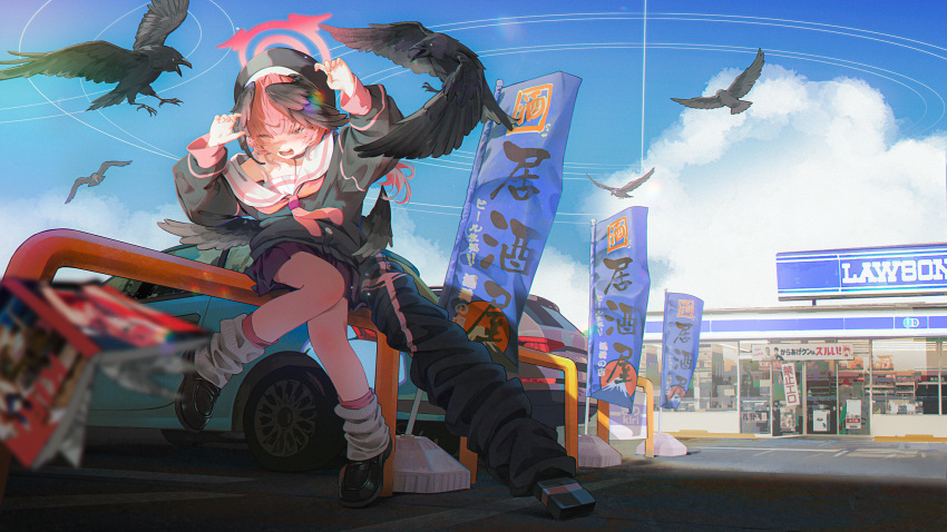 1girl absurdres armpit_peek banner beret bird black_bird black_choker black_footwear black_hat black_wings blue_archive blue_car choker convenience_store crow feathered_wings flock full_body half-closed_eyes halo hands_up hat head_wings highres koharu_(blue_archive) leg_up loose_socks low_wings manga_(object) miniskirt neckerchief on_railing open_mouth parking_lot pink_hair pink_halo pink_neckerchief pleated_skirt railing sa_si_qierde sailor_collar shop skirt socks solo_focus struggling weapon white_sailor_collar white_socks winged_hat wings