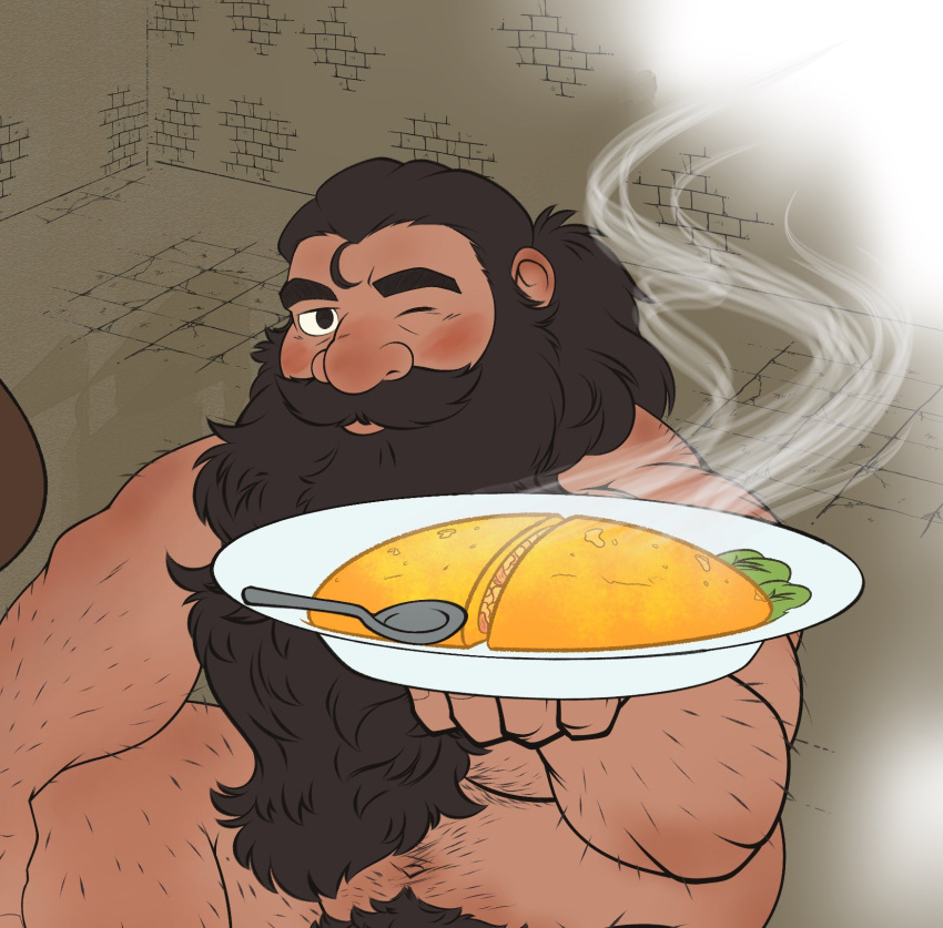 1boy bara beard beard_over_mouth blush brown_hair completely_nude dungeon_meshi dwarf facial_hair hairy highres holding holding_plate incoming_food long_beard male_focus nude one_eye_closed out-of-frame_censoring paid_reward_available plate seductive_smile senshi_(dungeon_meshi) shishimarukenji smile solo sparse_arm_hair sparse_chest_hair sparse_leg_hair steam thick_mustache thick_navel_hair underpec very_long_beard