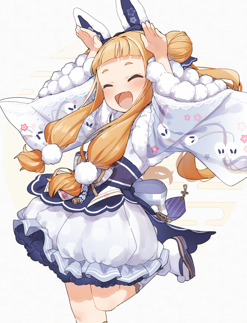 1girl :d ^_^ animal_ears arms_up blue_footwear blush brown_hair closed_eyes commentary_request double_bun dress fake_animal_ears forehead fur-trimmed_sleeves fur_trim hair_bun highres ichihara_nina idolmaster idolmaster_cinderella_girls long_hair long_sleeves obi rabbit_ears rabbit_pose sandals sash simple_background smile socks solo standing standing_on_one_leg thick_eyebrows very_long_hair white_background white_dress white_socks wide_sleeves yukie_(kusaka_shi) zouri